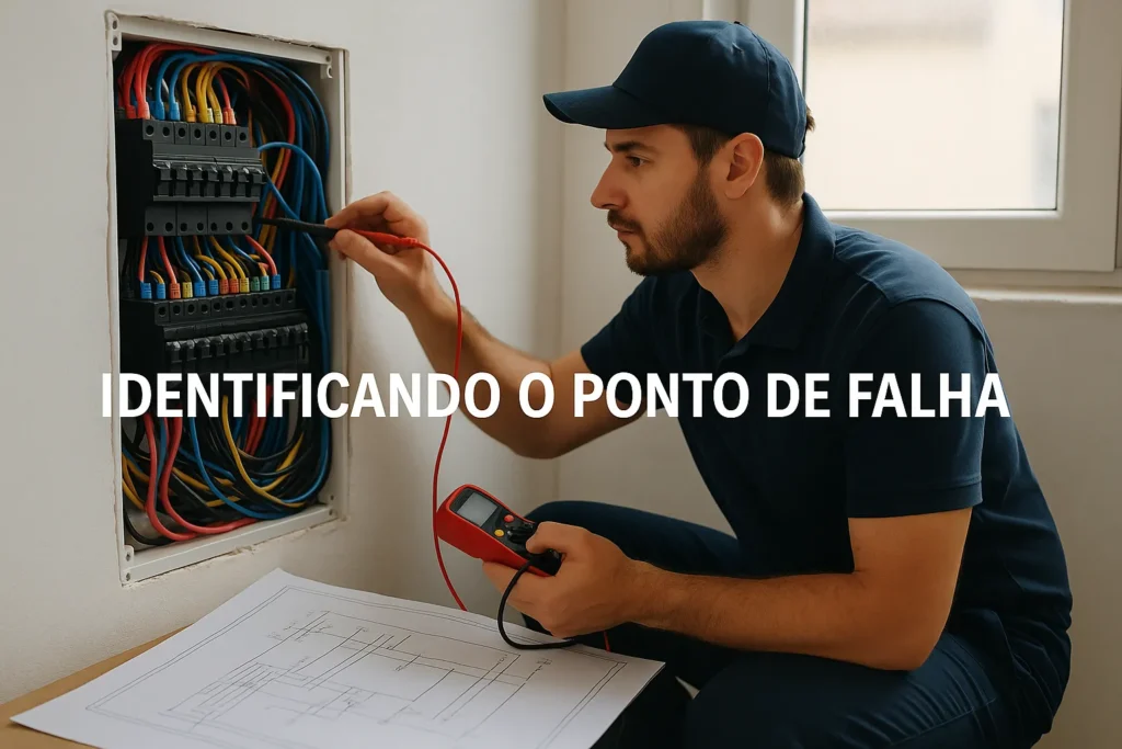 Curto Circuito Em Casa: 15 Sinais De Alerta E Como Resolver Com Segurança 6 Técnico Ajoelhado Testa Disjuntores Com Multímetro Ao Lado De Diagrama Elétrico E Fios Etiquetados.