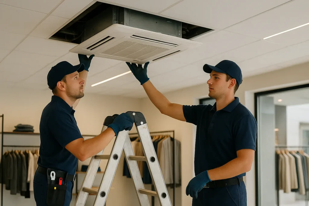 Ar Condicionado Cassete: 12 Vantagens Que Transformam Ambientes Comerciais E Residenciais 6 Dois Técnicos Instalando Cassete De Teto Em Loja Com Escada, Sem Imperfeições Visuais.