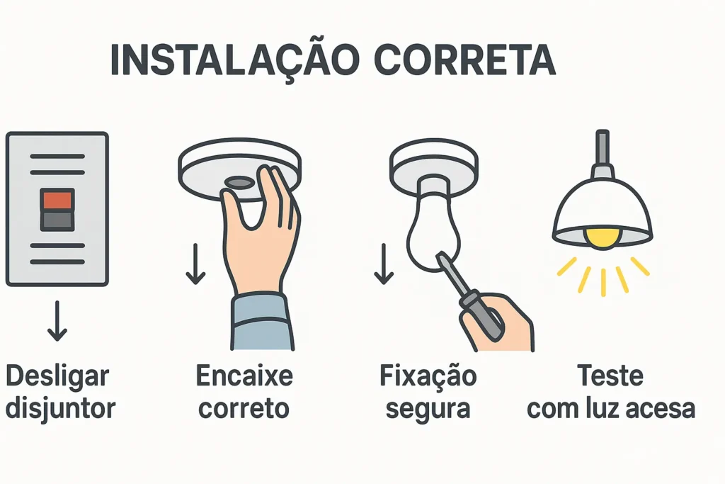 Lâmpada De Led Piscando Ou Fraca: 15 Problemas E Soluções Que Todo Eletricista Precisa Conhecer 8 Passo A Passo Da Instalação Correta De Uma Luminária, Com Ícones Ilustrando Desligar Disjuntor, Encaixe, Fixação E Teste Da Luz.