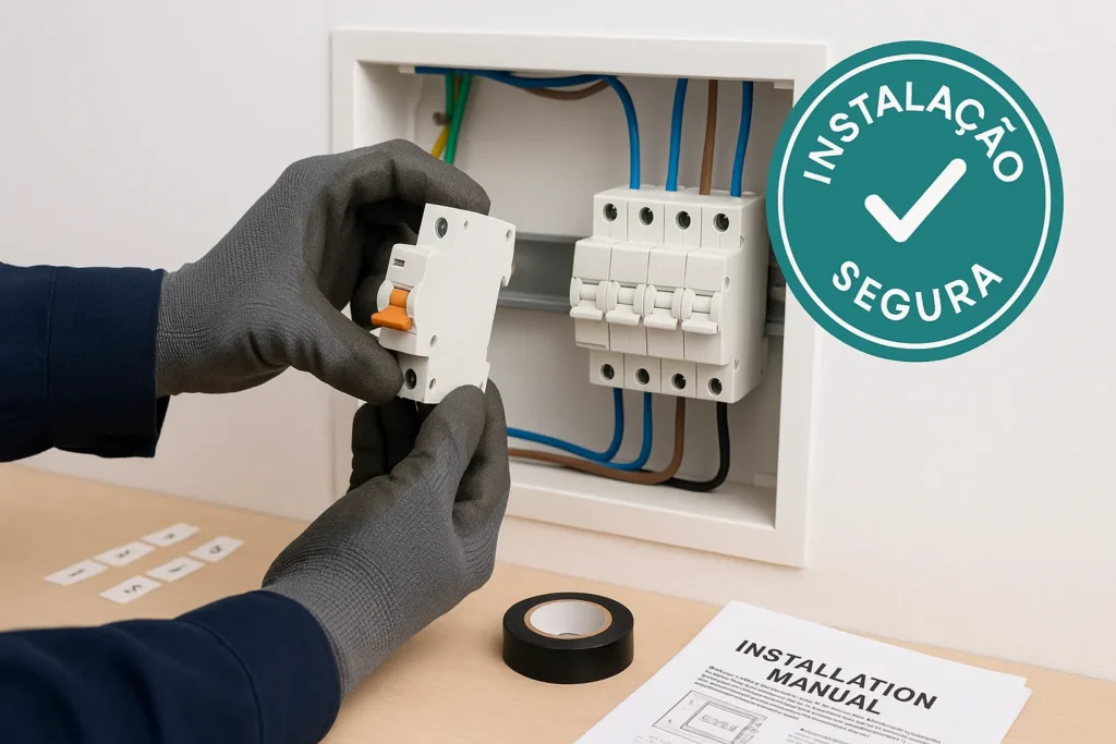 Curto Circuito Em Casa: 15 Sinais De Alerta E Como Resolver Com Segurança 9 Técnico Instala Disjuntor Novo Em Quadro Elétrico Residencial Com Materiais Organizados Ao Lado E Selo De Instalação Segura.