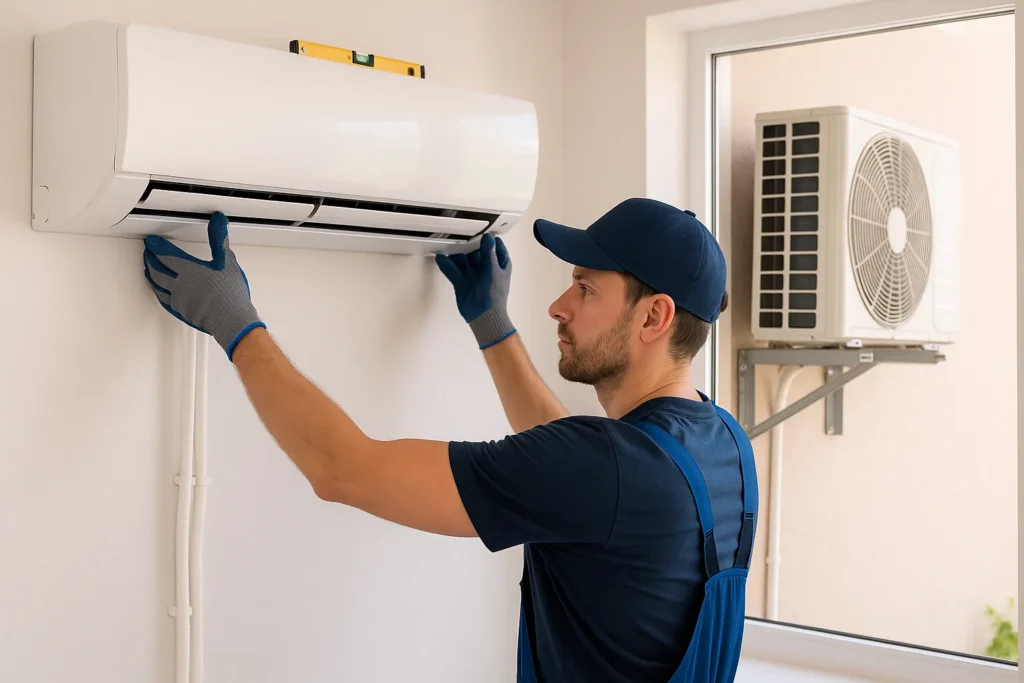 Instalação De Ar Condicionado Split: 12 Erros Fatais Que Queimam O Aparelho 1 Técnico Uniformizado Instalando Ar-Condicionado Split Com Evaporadora Nivelada E Condensadora Fixada Corretamente