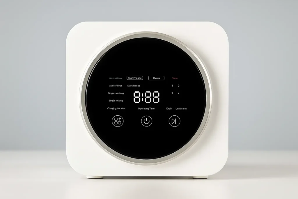 Lavadora Portátil: 12 Vantagens Que Revolucionam A Lavagem De Roupas Em Espaços Pequenos 1 Lavadora Portátil Com Painel Touchscreen Digital E Design Moderno Em Fundo Neutro.