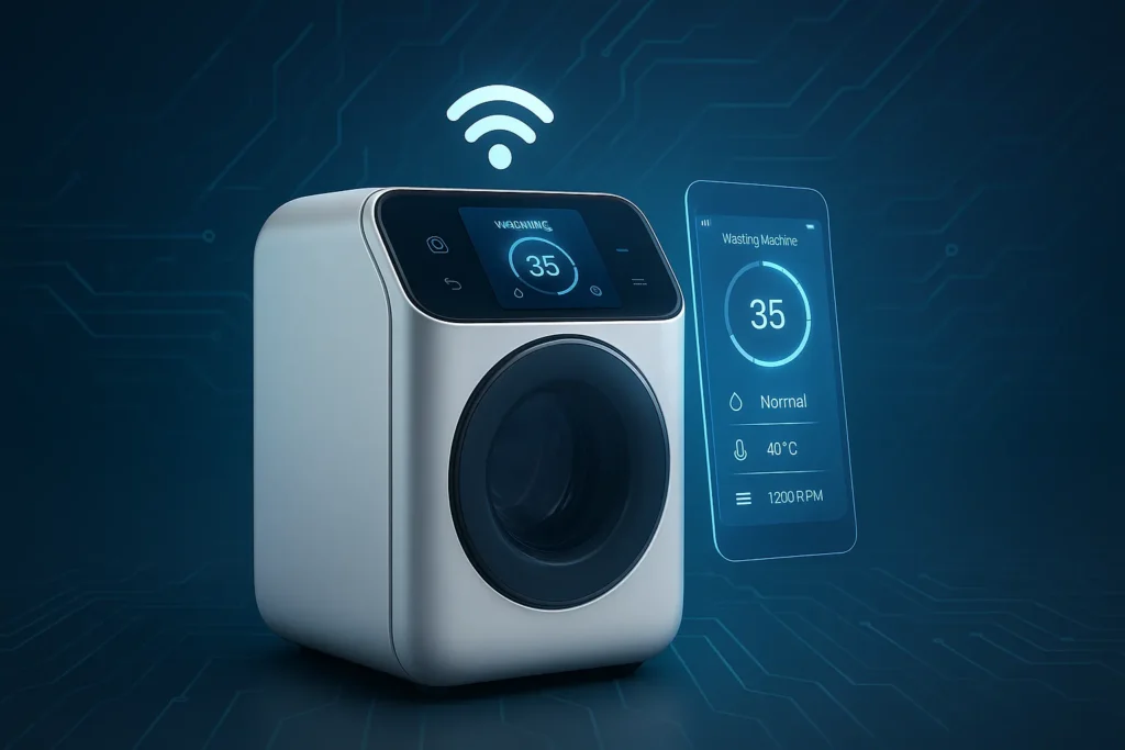 Lavadora Portátil: 12 Vantagens Que Revolucionam A Lavagem De Roupas Em Espaços Pequenos 14 Lavadora Portátil Futurista Com Tela Touch, Conectividade Wi-Fi E Holograma De App Controlando Ciclo, Sobre Fundo Com Traços De Tecnologia.