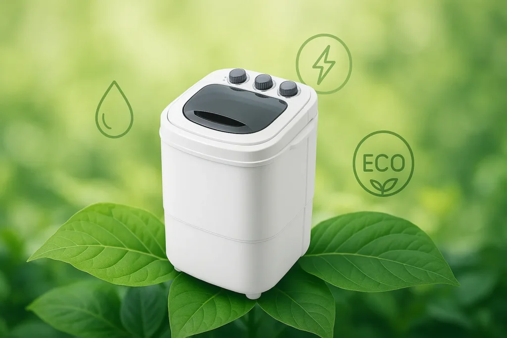 Lavadora Portátil: 12 Vantagens Que Revolucionam A Lavagem De Roupas Em Espaços Pequenos 11 Lavadora Portátil Sobre Folhas Verdes Com Ícones Ecológicos De Água, Energia E Selo Ambiental.