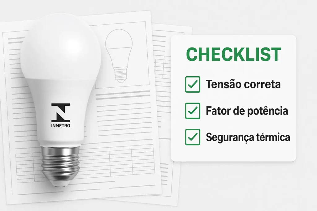 Lâmpada De Led Piscando Ou Fraca: 15 Problemas E Soluções Que Todo Eletricista Precisa Conhecer 13 Lâmpada De Led Com Selo Do Inmetro, Manuais Técnicos Ao Fundo E Checklist Com Itens De Segurança E Eficiência.