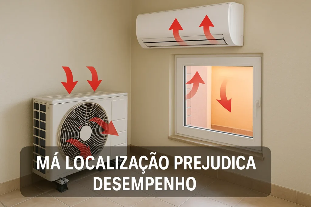 Instalação De Ar Condicionado Split: 12 Erros Fatais Que Queimam O Aparelho 7 Condensadora Encostada Na Parede E Evaporadora Sobre Janela, Com Setas Indicando Má Circulação De Ar.