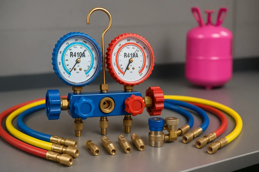 Gás R410A: Tabela De Pressão Completa E 15 Dicas Essenciais Para Carga Perfeita 4 Conjunto Manifold Para R410A Com Cilindro Rosa Ao Fundo Sobre Bancada Cinza.