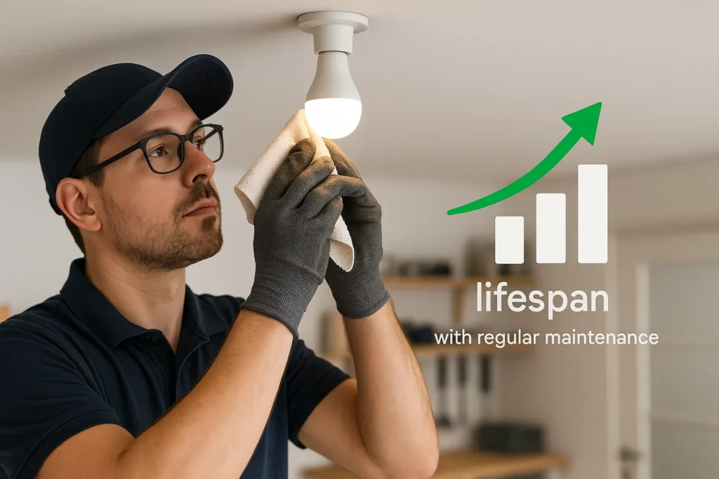 Lâmpada De Led Piscando Ou Fraca: 15 Problemas E Soluções Que Todo Eletricista Precisa Conhecer 10 Técnico Limpando Lâmpada Led Com Pano Seco, Ao Lado De Gráfico Indicando Aumento De Vida Útil Com Manutenção.