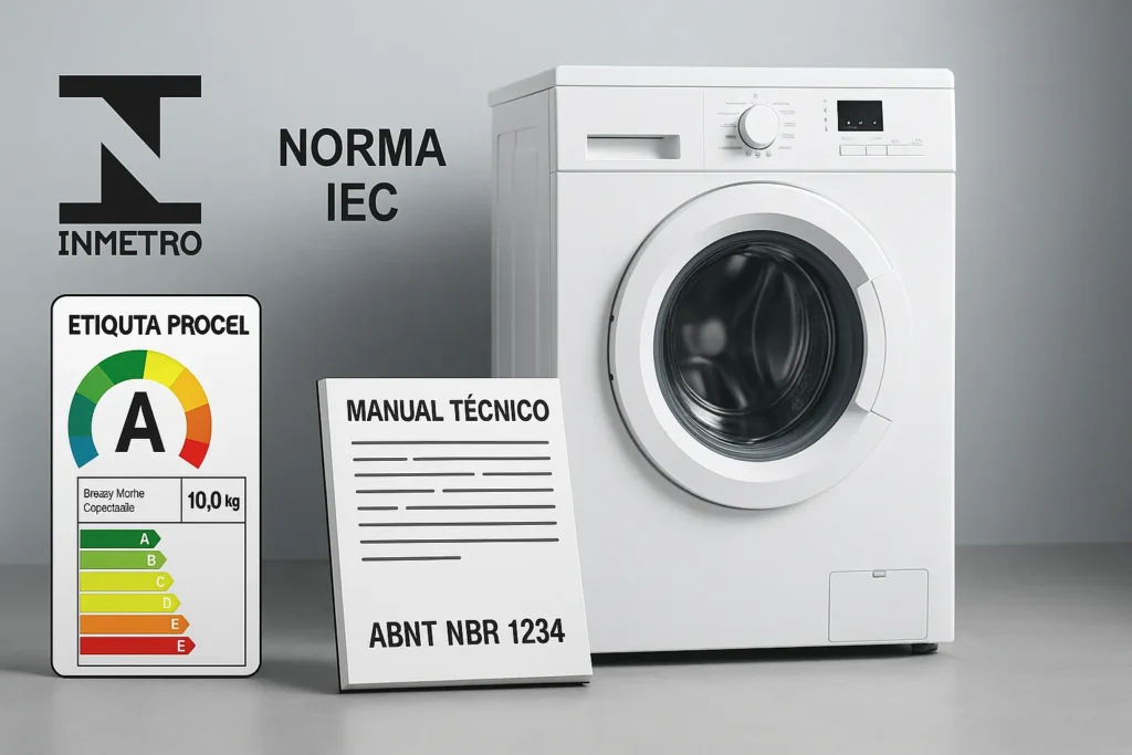 Máquina De Lavar Inverter: 12 Vantagens Comprovadas E Guia Técnico Completo 12 Máquina De Lavar Com Selo Inmetro, Etiqueta Procel, Norma Iec E Manual Técnico Abnt Aberto Ao Lado.