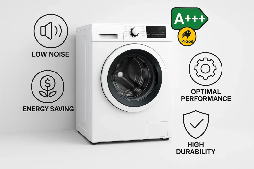 Máquina De Lavar Inverter: 12 Vantagens Comprovadas E Guia Técnico Completo 4 Máquina De Lavar Moderna Com Selo Procel A+++ E Ícones De Vantagens Como Baixo Ruído, Economia De Energia E Alta Durabilidade.