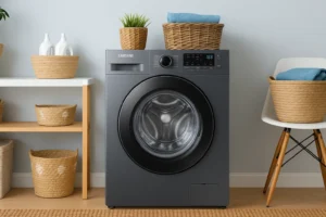 Máquina de lavar Samsung cinza em lavanderia moderna com cestos de palha, plantas e decoração suave.