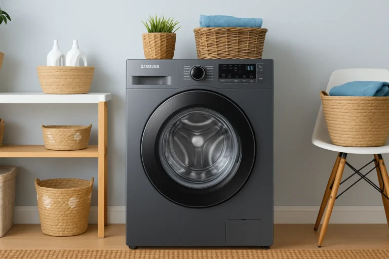 Máquina De Lavar Samsung Cinza Em Lavanderia Moderna Com Cestos De Palha, Plantas E Decoração Suave.