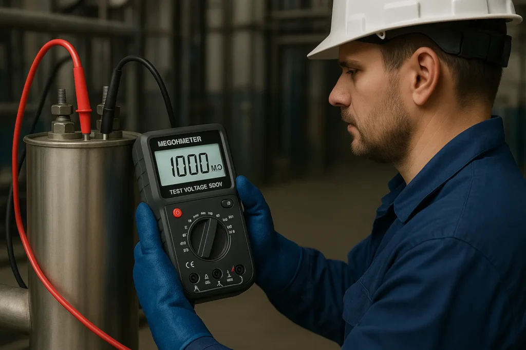 Como Testar O Capacitor: 8 Métodos Profissionais Para Máquinas De Lavar E Ar-Condicionado 7 Técnico Usando Megômetro Em Capacitor Com Ponteiras Isoladas, Em Ambiente Industrial.