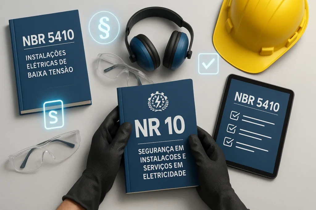 Choque Elétrico Em Casa: 15 Situações De Risco E Como Se Proteger Definitivamente 7 Mãos Com Luvas Manuseando Manual Nr10 Em Mesa Com Normas E Epis