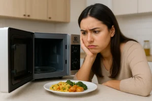 Jovem frustrada olhando para micro-ondas Electrolux aberto com prato de comida fria ao lado em cozinha moderna.