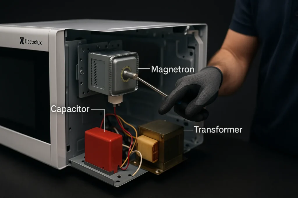 Microondas Electrolux Não Esquenta: 15 Soluções Testadas Que Funcionam 5 Técnico Aponta Para O Magnetron Em Micro-Ondas Electrolux Desmontado, Com Peças Internas Destacadas Por Linhas Flutuantes.