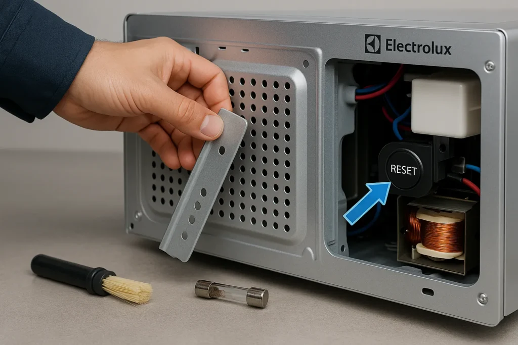 Microondas Electrolux Não Esquenta: 15 Soluções Testadas Que Funcionam 3 Close Da Mão De Técnico Removendo O Painel Traseiro De Um Micro-Ondas Electrolux, Com Fusível Queimado, Escova De Limpeza E Botão De Reset Destacado.