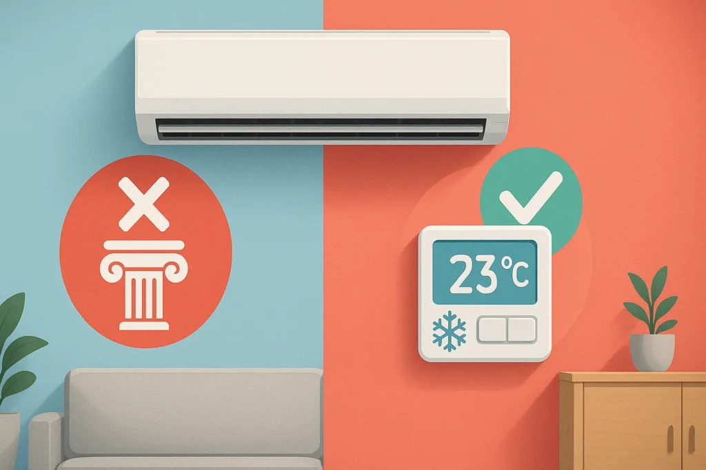 Consumo Ar Condicionado Disparou: 12 Formas Comprovadas De Reduzir 50% Na Conta De Luz 9 Comparação Visual Entre Mitos E Verdades Sobre O Uso Do Ar-Condicionado, Com Ícones Flutuantes Ilustrativos.