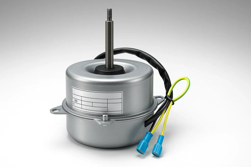Motor Ventilador Ar Condicionado Com Defeito: 14 Sinais De Alerta E Como Resolver Cada Problema 1 Motor De Ar-Condicionado Com Acabamento Metálico E Cabos Detalhados Sobre Fundo Neutro.