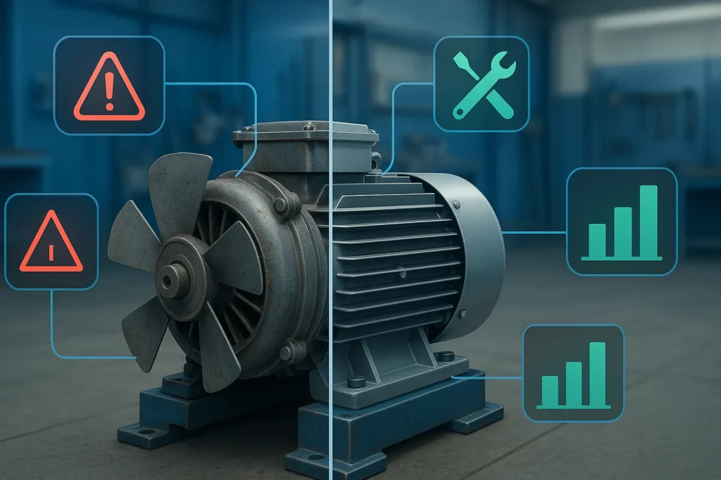 Motor Ventilador Ar Condicionado Com Defeito: 14 Sinais De Alerta E Como Resolver Cada Problema 6 Imagem Comparativa De Motor Com Defeito E Motor Reparado, Com Gráficos Digitais Flutuantes Indicando Falhas E Soluções.