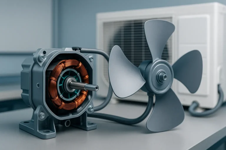 Motor Ventilador Com Hélice Conectado A Ar-Condicionado Ao Fundo Em Bancada Técnica.