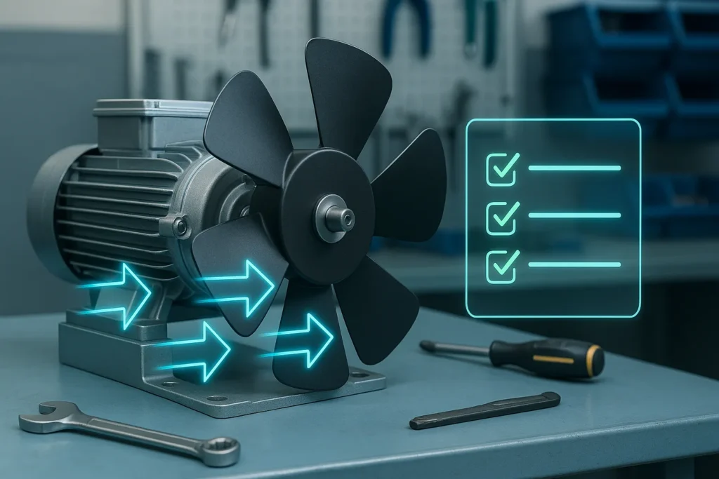 Motor Ventilador Ar Condicionado Com Defeito: 14 Sinais De Alerta E Como Resolver Cada Problema 9 Motor Ventilador Sendo Instalado Com Setas Digitais E Checklist Flutuante Orientando As Etapas De Instalação Correta.
