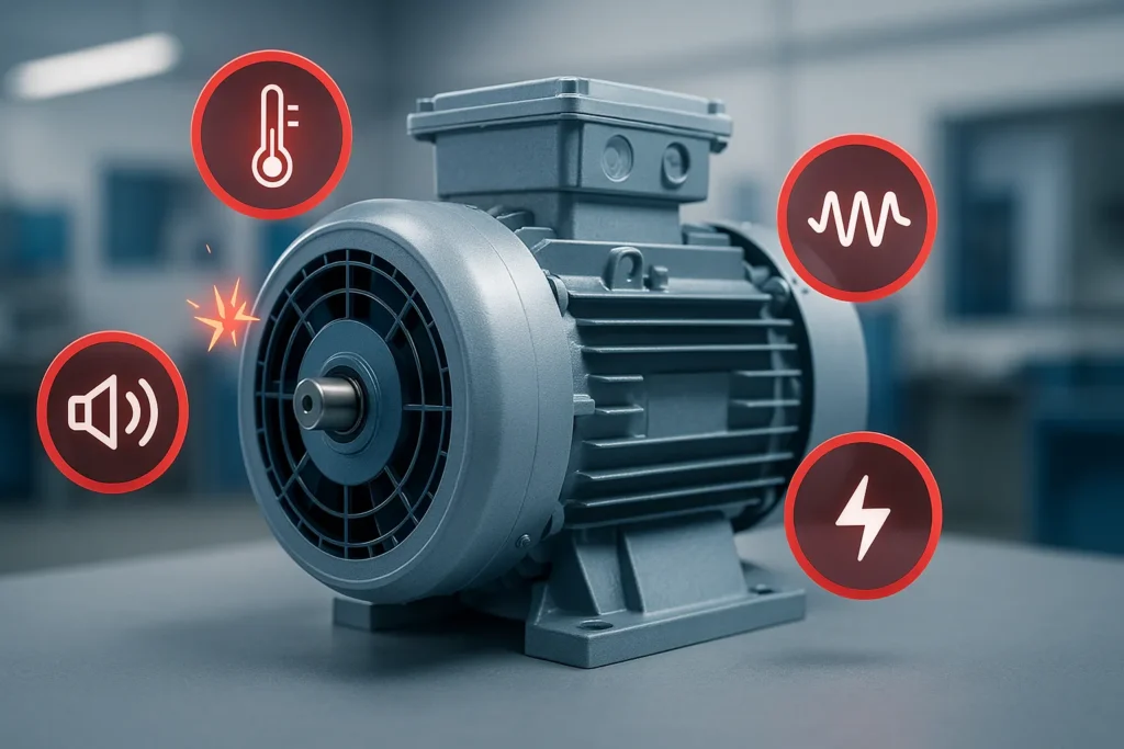 Motor Ventilador Ar Condicionado Com Defeito: 14 Sinais De Alerta E Como Resolver Cada Problema 3 Motor Ventilador Com Ícones Flutuantes Indicando Ruído, Superaquecimento, Vibração E Falhas Elétricas.
