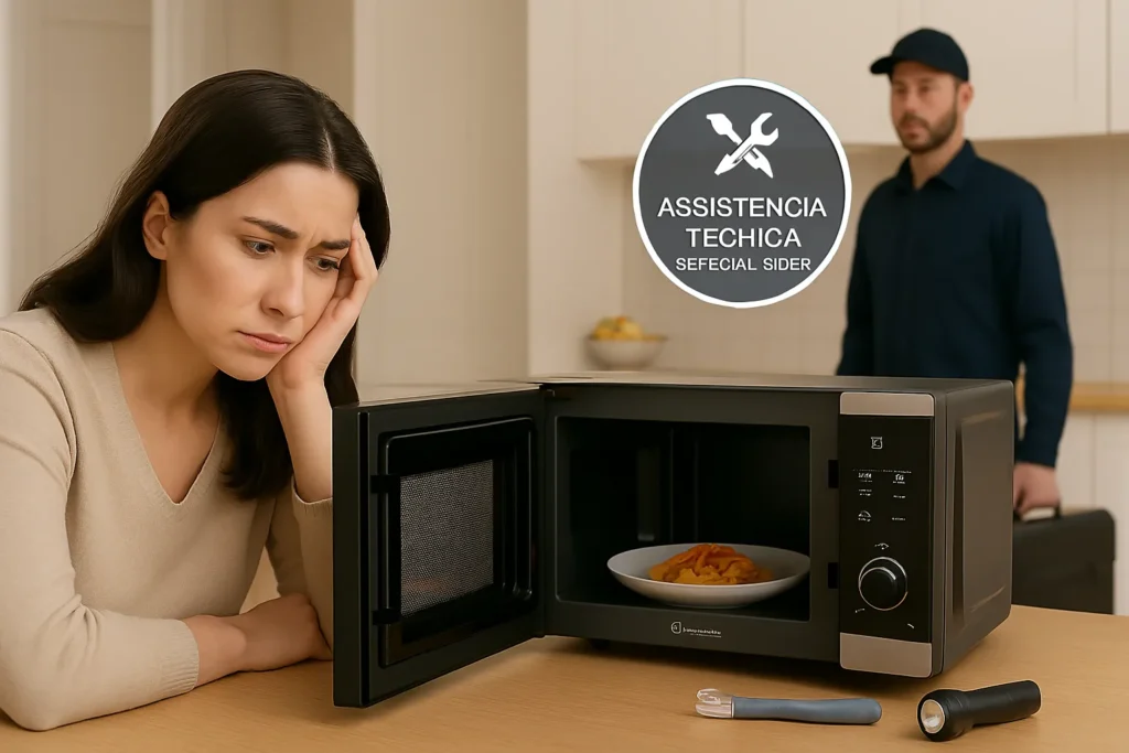 Microondas Electrolux Não Esquenta: 15 Soluções Testadas Que Funcionam 8 Mulher Preocupada Com Micro-Ondas Electrolux Com Comida Fria, Enquanto Técnico Chega Com Maleta