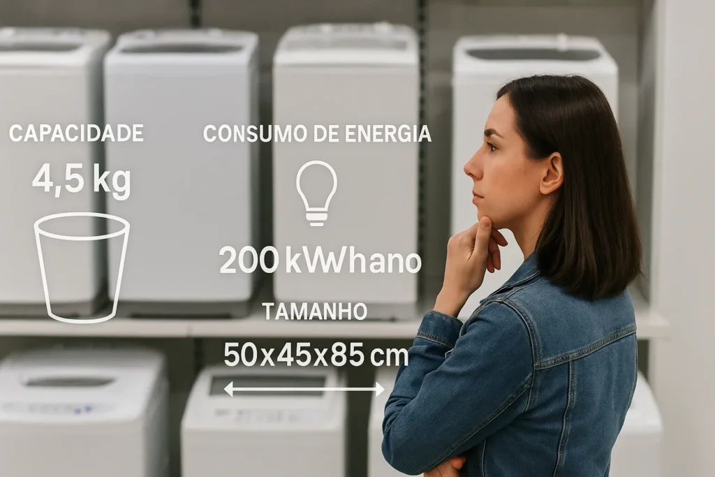 Lavadora Portátil: 12 Vantagens Que Revolucionam A Lavagem De Roupas Em Espaços Pequenos 5 Mulher Analisa Lavadoras Portáteis Em Prateleira Com Gráficos De Capacidade, Energia E Tamanho Flutuando Na Tela.