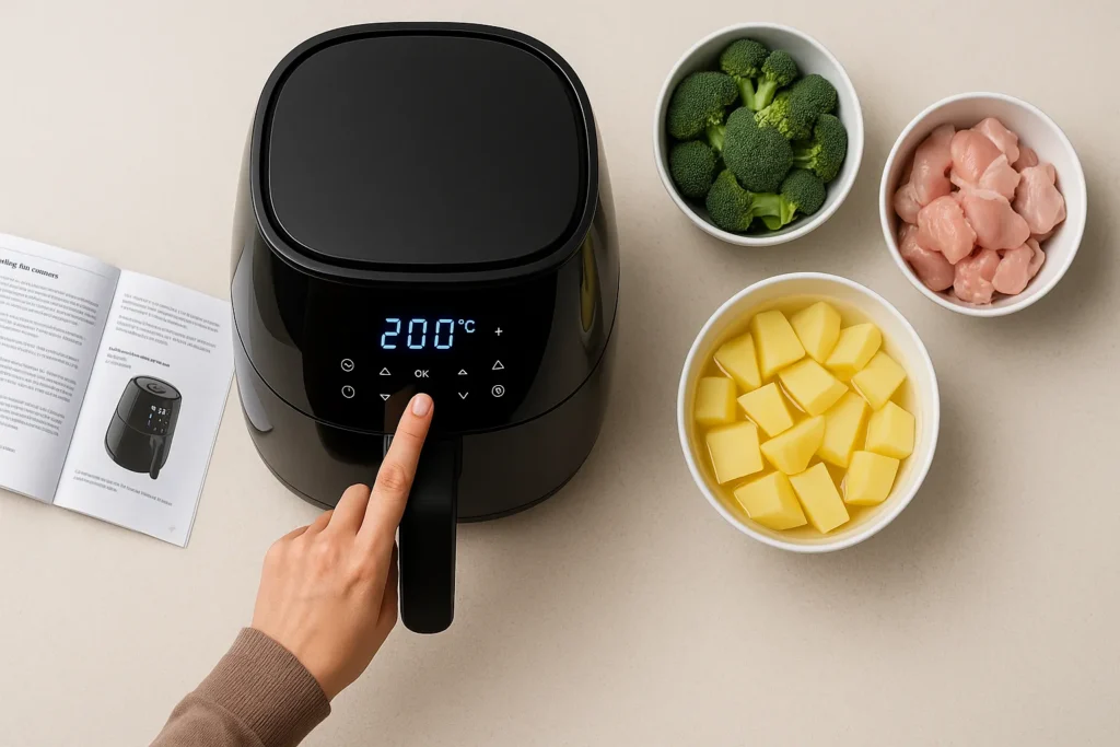Air Fryer Digital: 12 Segredos Técnicos Que Transformam O Uso E Manutenção Do Aparelho 5 Pessoa Ajustando O Painel Digital Da Air Fryer Com Manual Aberto E Ingredientes Prontos Na Bancada