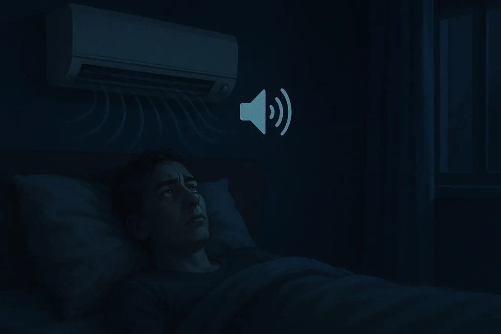 Ar Condicionado Fazendo Barulho: 16 Tipos De Ruídos E Como Resolver Cada Um 1 Pessoa Deitada Na Cama Incomodada Com Ar Condicionado Fazendo Barulho Durante A Noite