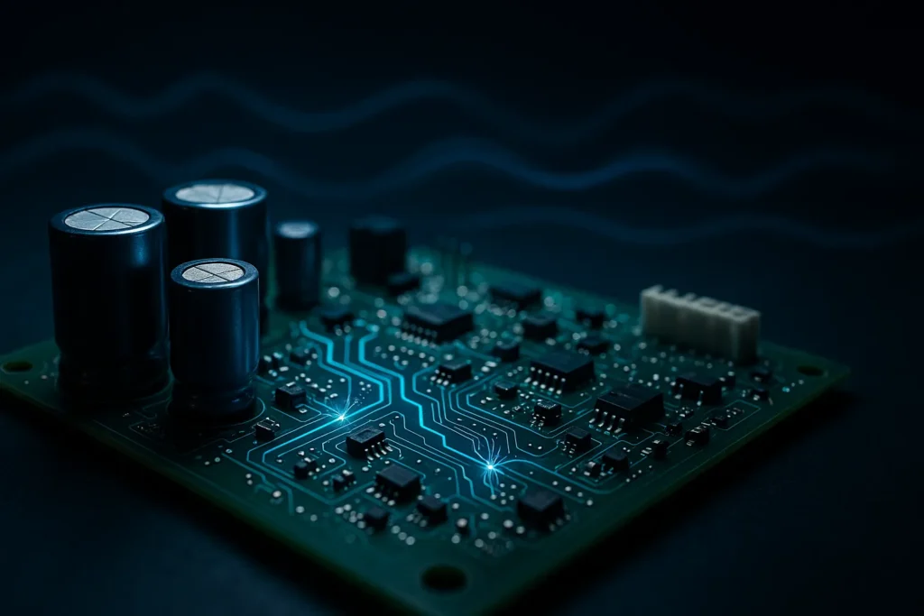 Ar Condicionado Fazendo Barulho: 16 Tipos De Ruídos E Como Resolver Cada Um 7 Close-Up De Placa Eletrônica Da Evaporadora Com Faíscas Simuladas E Linhas Azuladas Vibrando