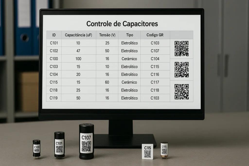 Como Testar O Capacitor: 8 Métodos Profissionais Para Máquinas De Lavar E Ar-Condicionado 16 Tela De Computador Com Planilha De Controle De Capacitores E Qr Codes, Etiquetas Visíveis Nos Componentes.