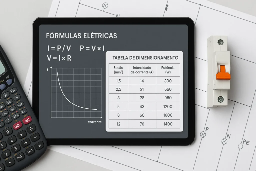 Disjuntor De Energia Desarmando: 7 Diagnósticos Técnicos E Soluções Profissionais 11 Prancheta Digital Com Fórmulas Elétricas, Tabela De Dimensionamento, Disjuntor E Calculadora Científica Sobre Planta Elétrica.