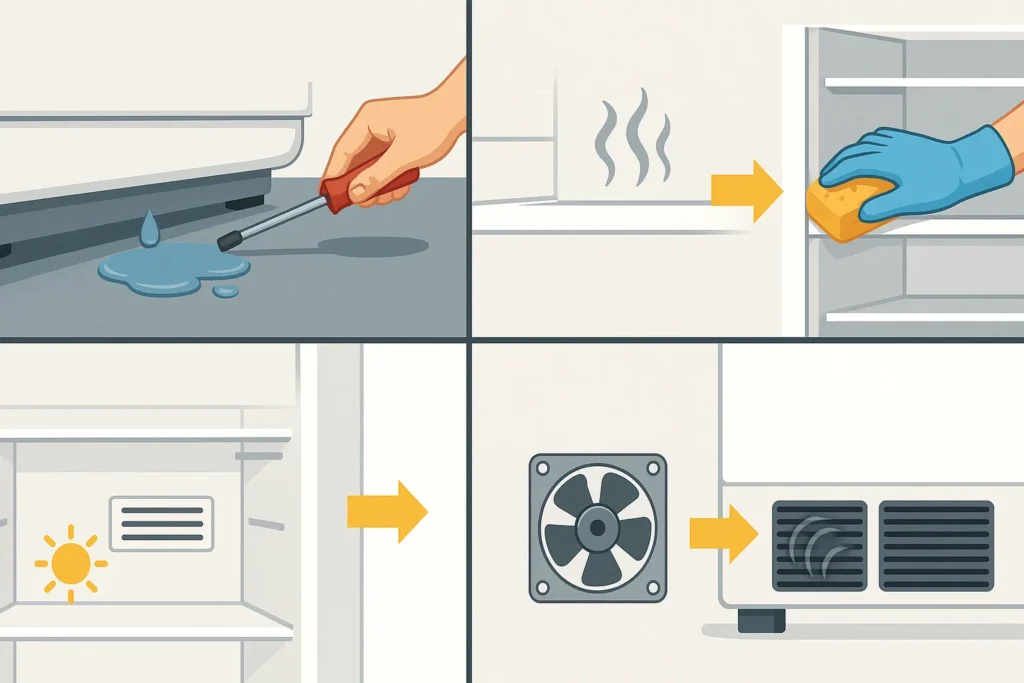 Ar Condicionado Manutenção: 12 Passos Essenciais Que Todo Técnico E Usuário Precisa Dominar 6 Ilustração Realista Dividida Em Quatro Partes Mostrando Problemas E Soluções Comuns Em Refrigeração, Sem Palavras, Com Setas Indicativas.