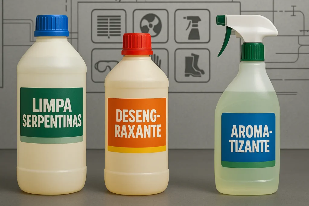 Ar Condicionado Manutenção: 12 Passos Essenciais Que Todo Técnico E Usuário Precisa Dominar 9 Frascos De Limpa Serpentinas, Desengraxante E Aromatizante Sobre Bancada Técnica Com Ícones De Segurança E Epi Ao Fundo.
