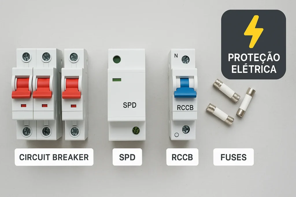 Curto Circuito Em Casa: 15 Sinais De Alerta E Como Resolver Com Segurança 10 Dispositivos De Proteção Elétrica Organizados Sobre Uma Mesa Com Etiquetas: Disjuntores, Dps, Dr E Fusíveis.