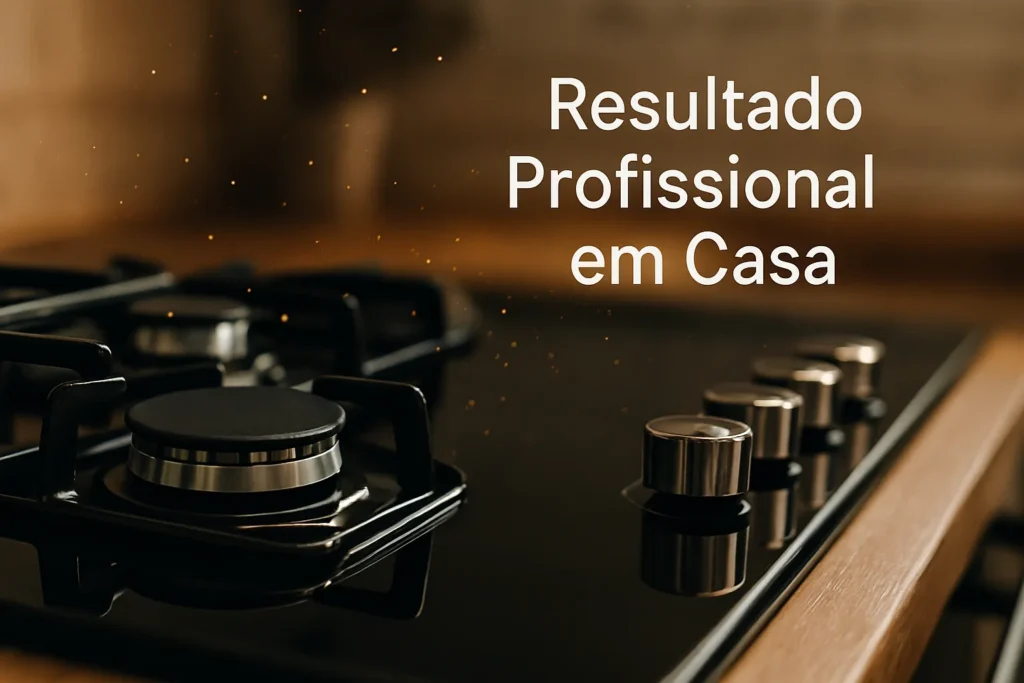 Como Limpar Fogão: 17 Técnicas Profissionais Para Deixar Seu Equipamento Como Novo 1 Close-Up De Fogão Limpo E Polido Com Partículas Brilhantes E Texto Flutuante “Resultado Profissional Em Casa”