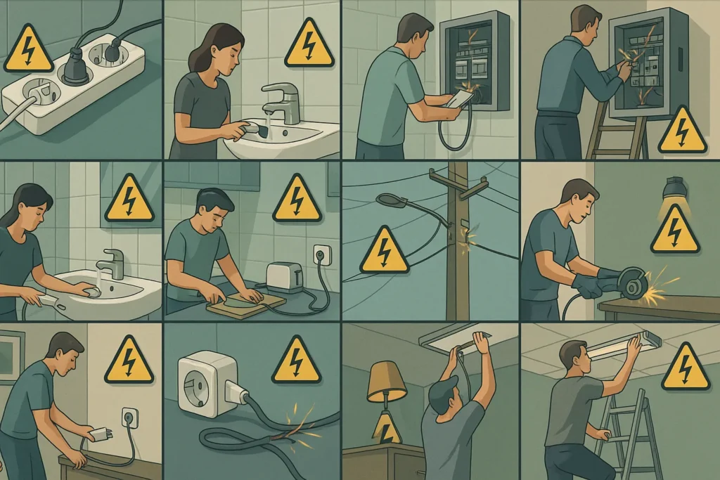 Choque Elétrico Em Casa: 15 Situações De Risco E Como Se Proteger Definitivamente 3 Ilustração Técnica Com 15 Cenas De Riscos Elétricos Comuns Em Casa E No Trabalho