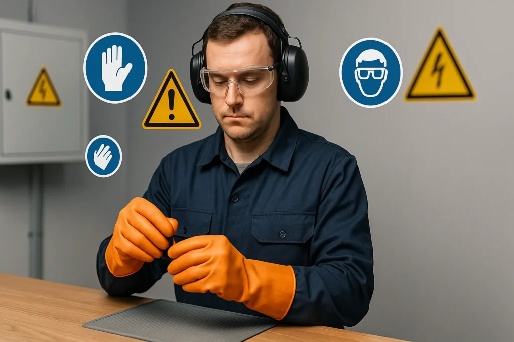 Como Testar O Capacitor: 8 Métodos Profissionais Para Máquinas De Lavar E Ar-Condicionado 13 Técnico Com Epi Completo Em Bancada, Com Ícones De Segurança E Sinalização De Risco Elétrico