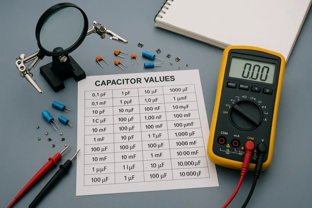 Como Testar O Capacitor: 8 Métodos Profissionais Para Máquinas De Lavar E Ar-Condicionado 15 Tabela De Valores De Capacitores Sobre Bancada Com Multímetro Digital, Lupas E Componentes Eletrônicos Ao Redor.