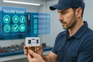 Técnico de refrigeração analisando pressostato Elgin com checklist digital de testes e sinais de falha flutuantes.