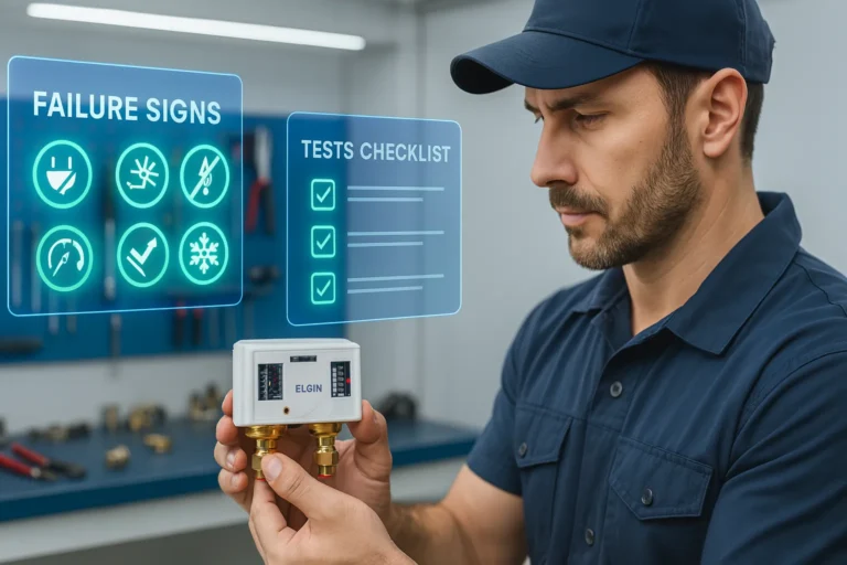 Técnico De Refrigeração Analisando Pressostato Elgin Com Checklist Digital De Testes E Sinais De Falha Flutuantes.
