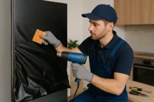 Técnico aplicando vinil preto fosco em geladeira com espátula e soprador térmico em ambiente organizado.