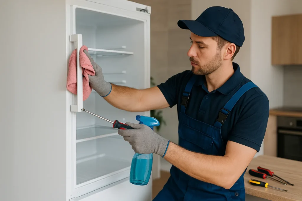 Como Envelopar Geladeira: 12 Técnicas Profissionais Para Transformar Seu Eletrodoméstico 4 Técnico Aplicando Vinil Preto Fosco Em Geladeira Com Espátula E Soprador Térmico Em Ambiente Organizado.