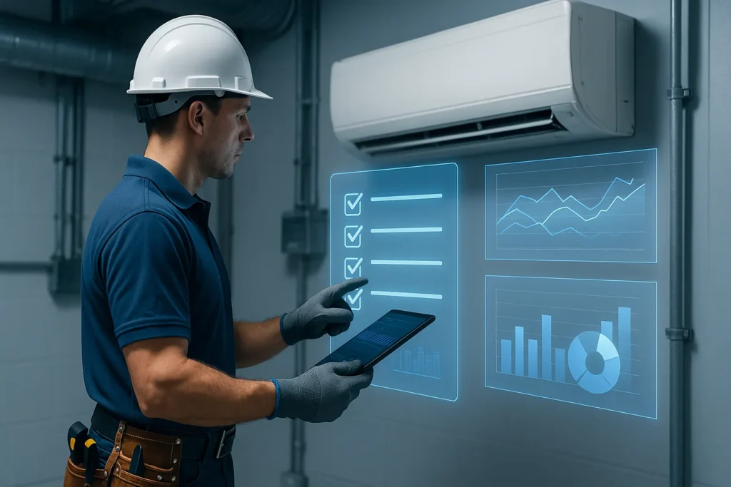 Consumo Ar Condicionado Disparou: 12 Formas Comprovadas De Reduzir 50% Na Conta De Luz 8 Técnico De Ar-Condicionado Utilizando Checklist Digital E Gráficos De Desempenho Flutuantes Durante Análise Técnica.
