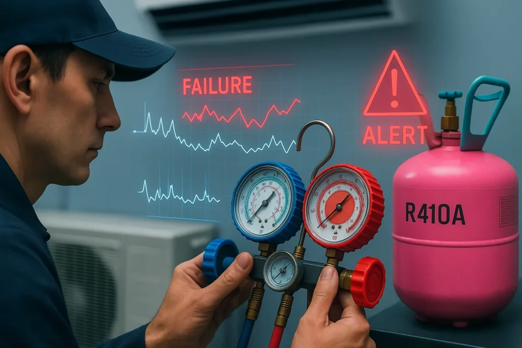 Gás R410A: Tabela De Pressão Completa E 15 Dicas Essenciais Para Carga Perfeita 6 Técnico Analisando Pressão De Gás Com Cilindro Rosa De R410A E Alerta Digital De Falha No Sistema De Ar-Condicionado.