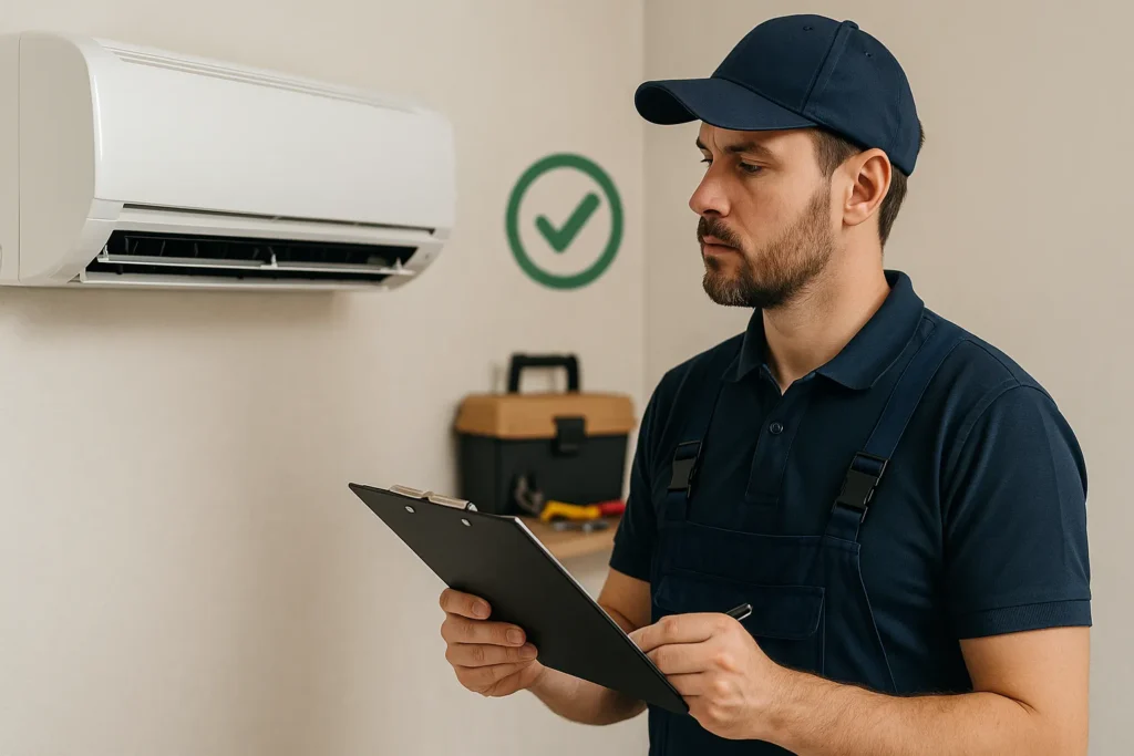 Ar Condicionado Manutenção: 12 Passos Essenciais Que Todo Técnico E Usuário Precisa Dominar 8 Técnico Uniformizado Inspeciona Ar-Condicionado Com Prancheta Em Mãos E Símbolo De Check Técnico Ao Fundo.