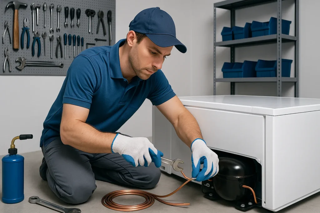 Compressor De Geladeira Não Liga: 15 Testes E Soluções Que Salvam Do Prejuízo 6 Técnico Fixando Tubo De Cobre No Compressor De Geladeira Em Oficina Organizada
