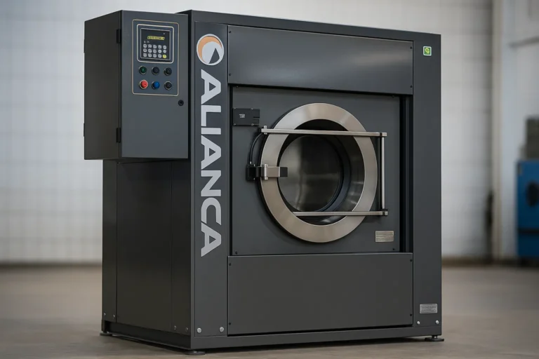 Técnico Com Prancheta Inspecionando Lavadora Industrial Alianca Em Ambiente Técnico